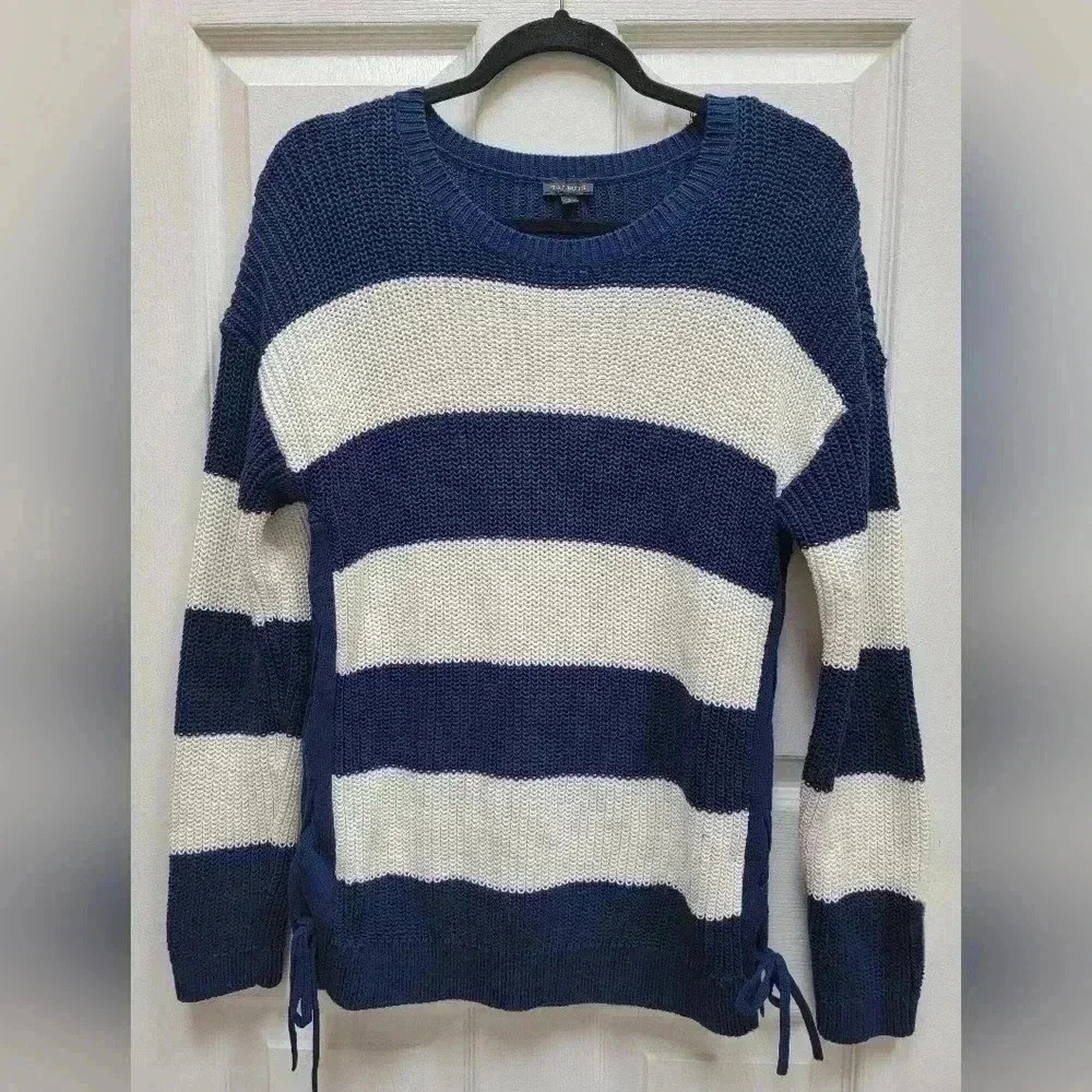 Talbots Womens Blue & White Striped Crewneck Sweater w/Side Ties Size Large